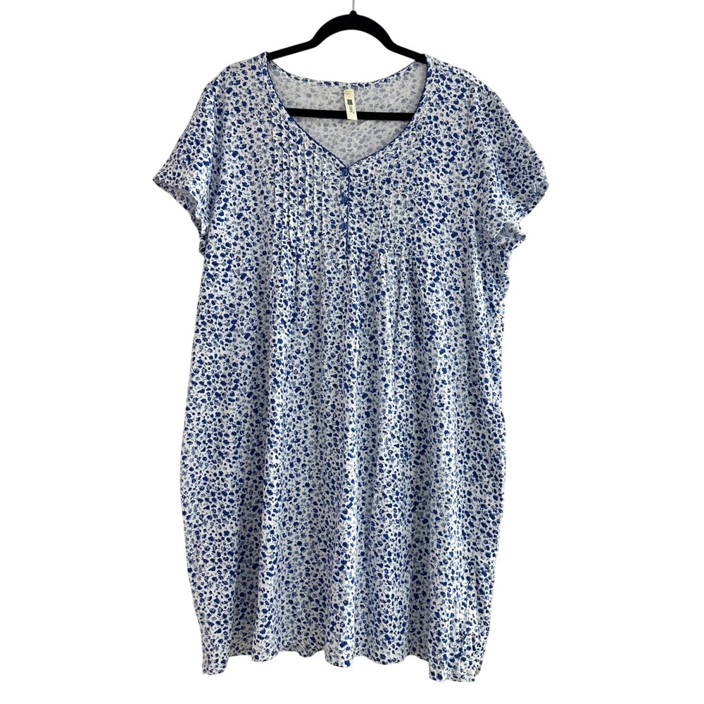 La Cera Pintuck‎ Blue Posies 100% Cotton Knit Chemise Nightgown Dress 2X 20W-22W